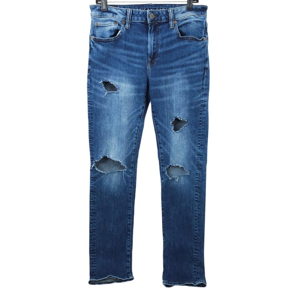 American Eagle Next Level Flex Slim Straight Jeans Mens 32 x 33 Distressed Denim